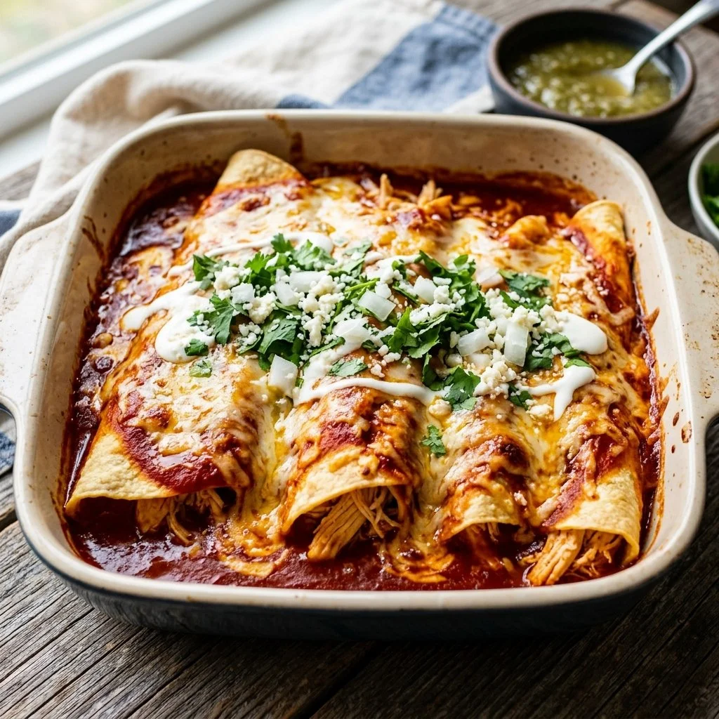Delicious homemade Chicken Enchiladas topped with cheese and sauce