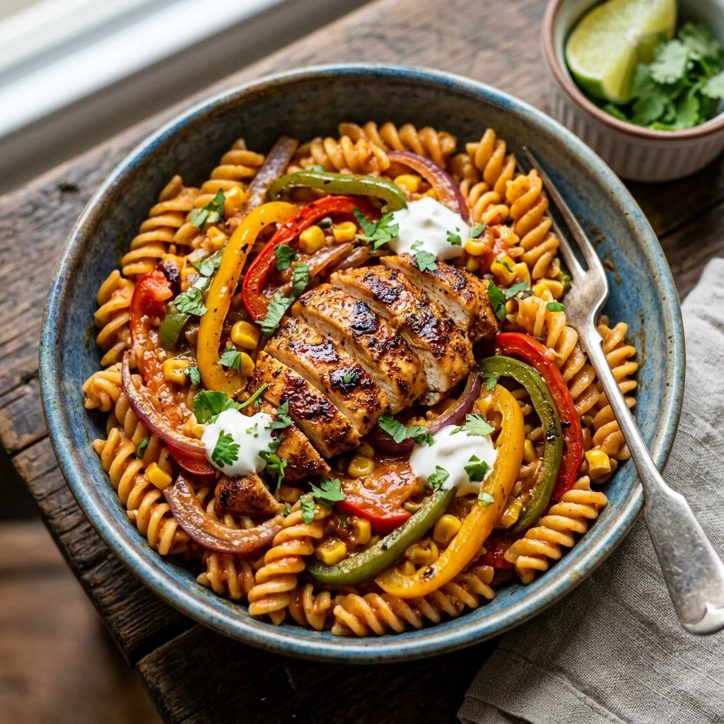 Colorful bowl of Chicken Fajita Pasta with peppers and onions