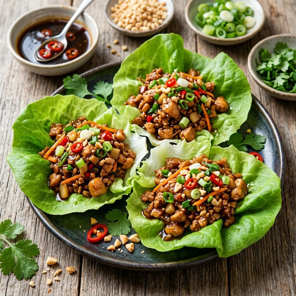 Plate of homemade chicken lettuce wraps with fresh vegetables and sauce
