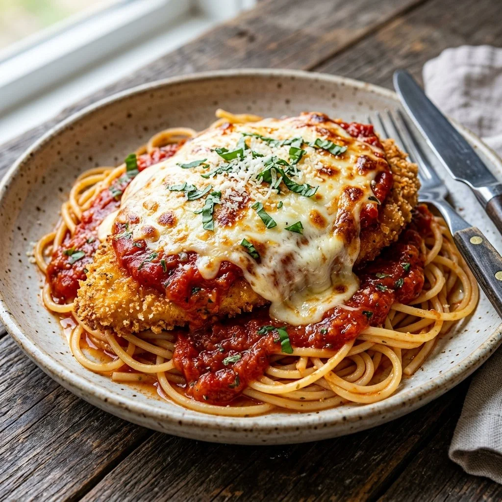 Delicious Chicken Parmesan topped with melted cheese and marinara sauce