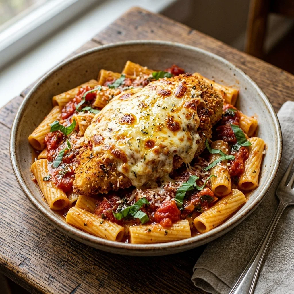 Delicious Chicken Parmesan Pasta with melted cheese and marinara sauce