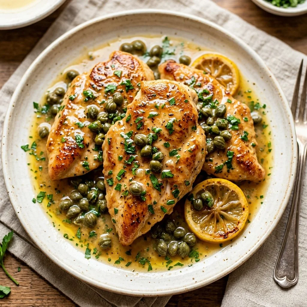 Delicious Chicken Piccata served with lemon and capers on a plate