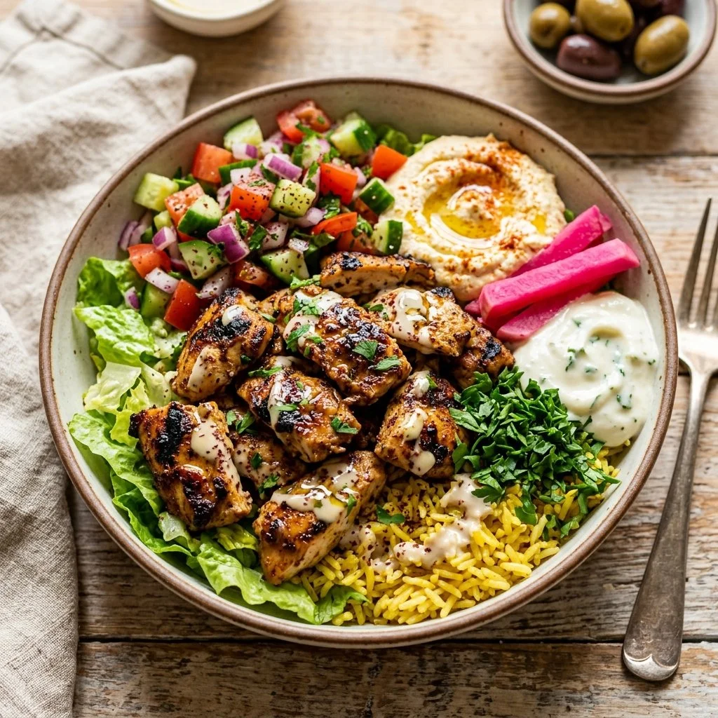 Delicious Chicken Shawarma Bowl with fresh vegetables and zesty sauce