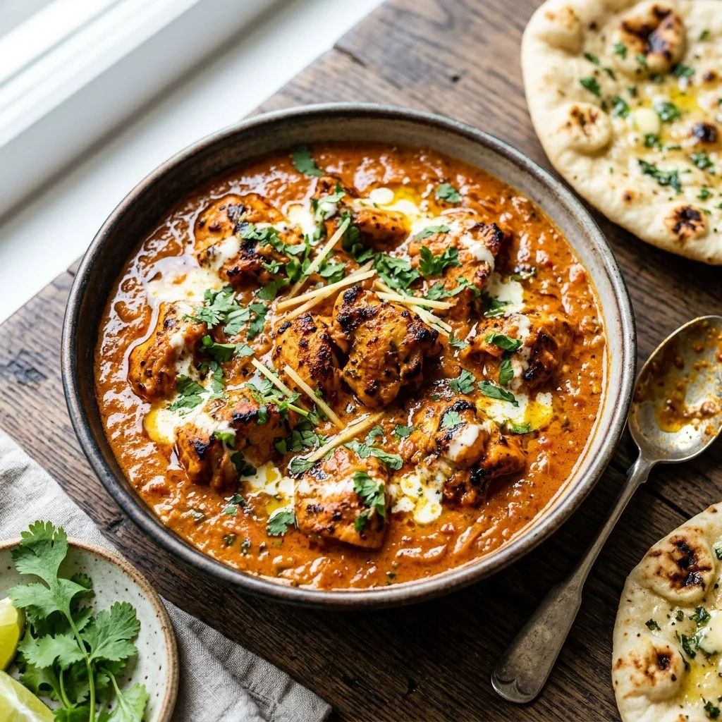 Delicious Chicken Tikka Masala served with rice and herbs