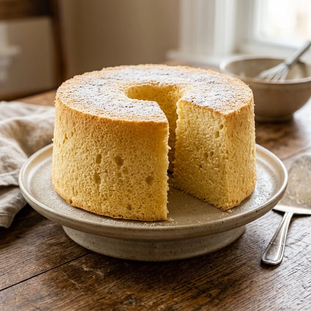 Delicious homemade chiffon cake topped with fresh berries