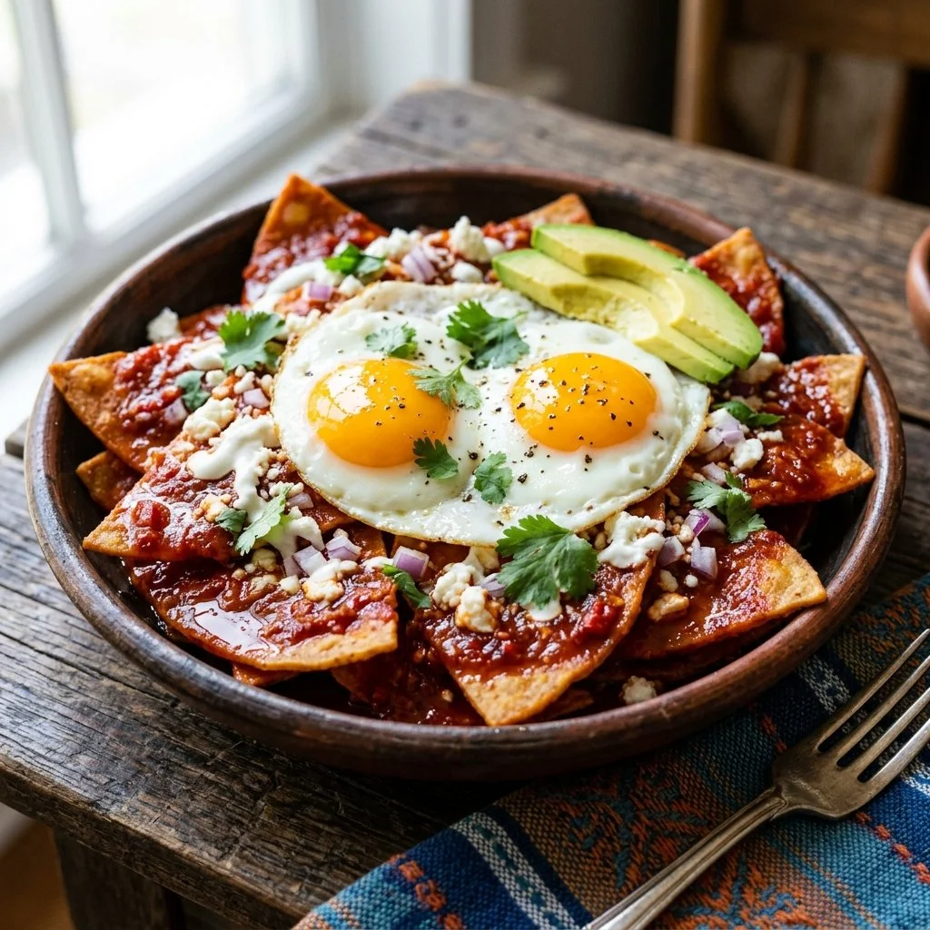 Plate of Chilaquiles Rojos topped with avocado and cilantro