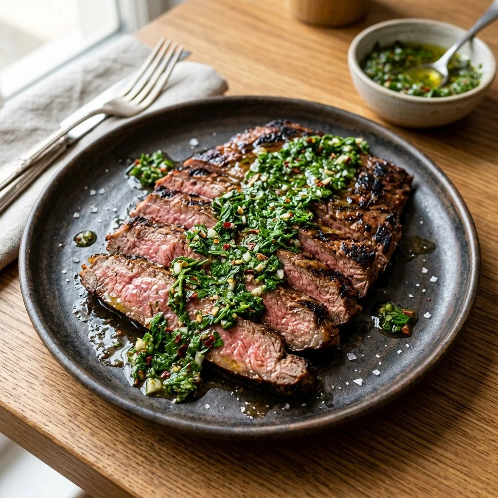 Grilled chimichurri flank steak garnished with fresh herbs