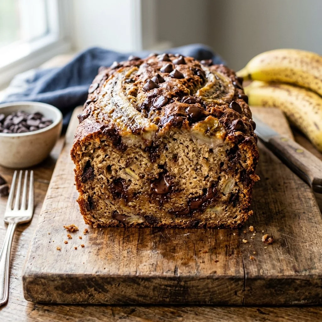 Loaf of chocolate chip banana bread on a wooden cutting board