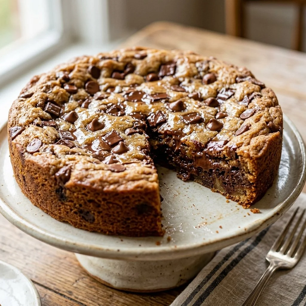 Delicious Chocolate Chip Cookie Cake topped with chocolate chips and creamy frosting