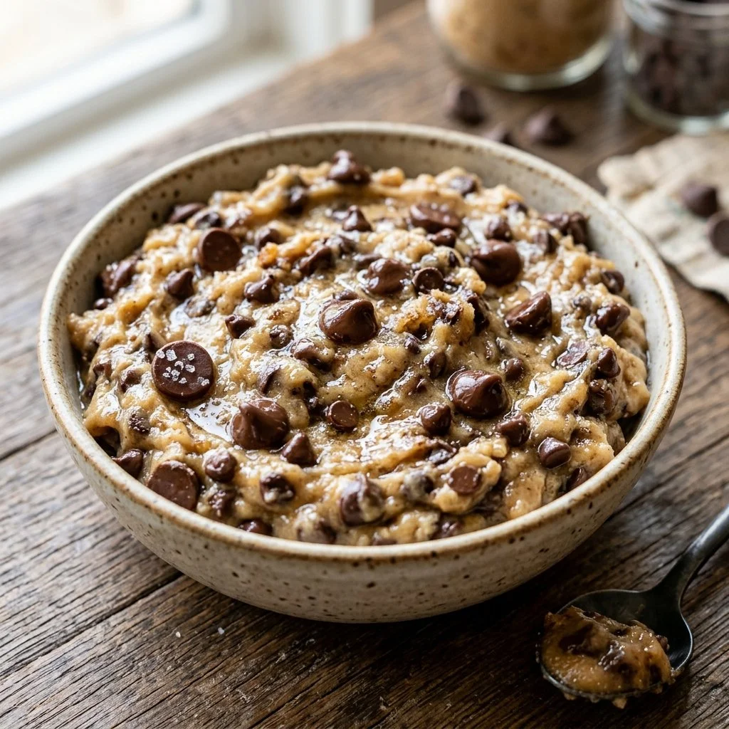 Deliciously creamy chocolate chip cookie dough dip served with graham crackers.