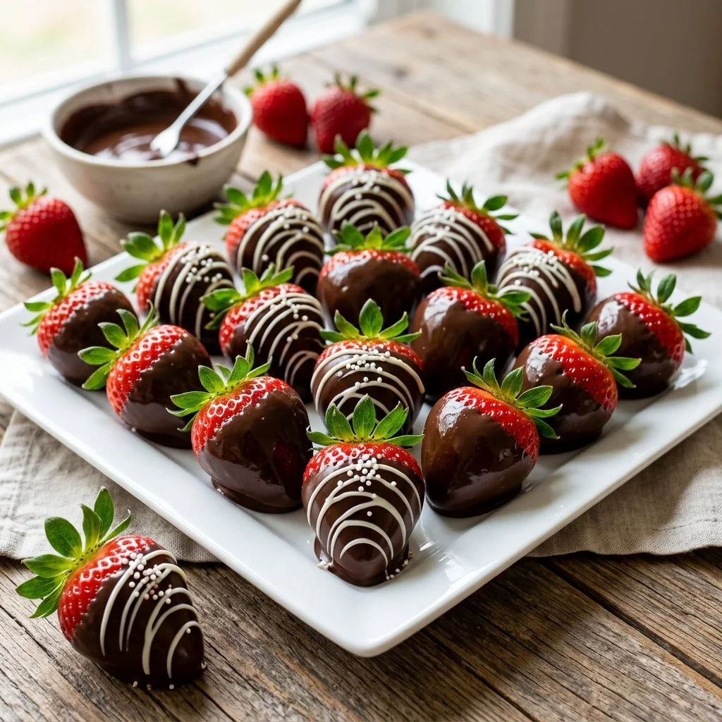 Fresh chocolate dipped strawberries on a white plate