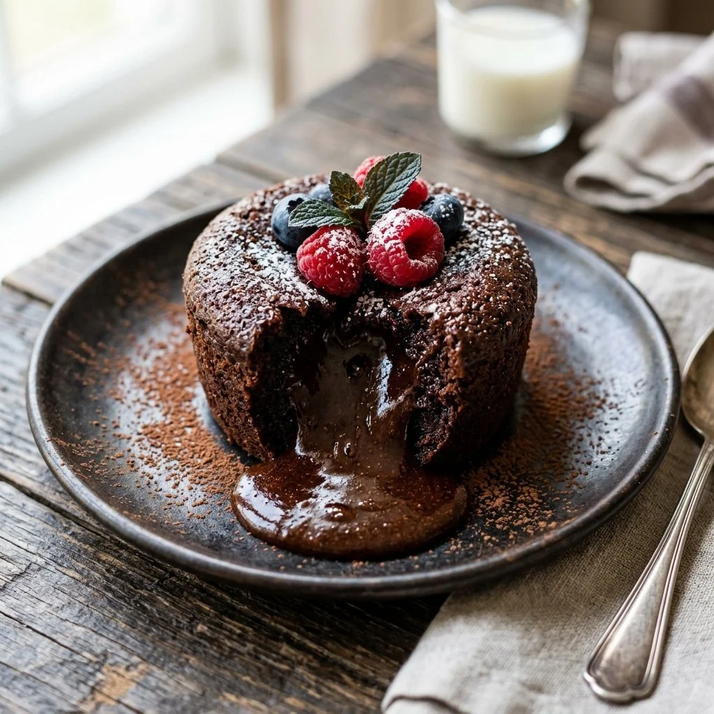 Decadent chocolate lava cake with molten chocolate center served on a plate.