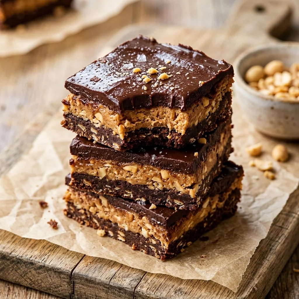 Delicious chocolate peanut butter bars stacked on a plate.