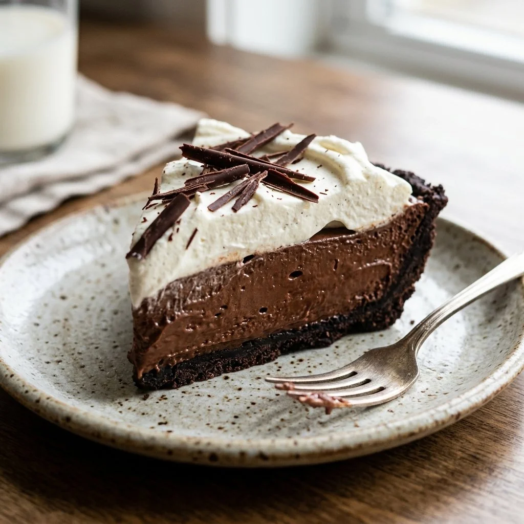 Delicious Chocolate Silk Pie with a smooth, creamy texture and chocolate topping.