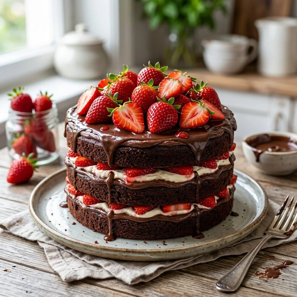 Delicious Chocolate Strawberry Cake with fresh strawberries on top