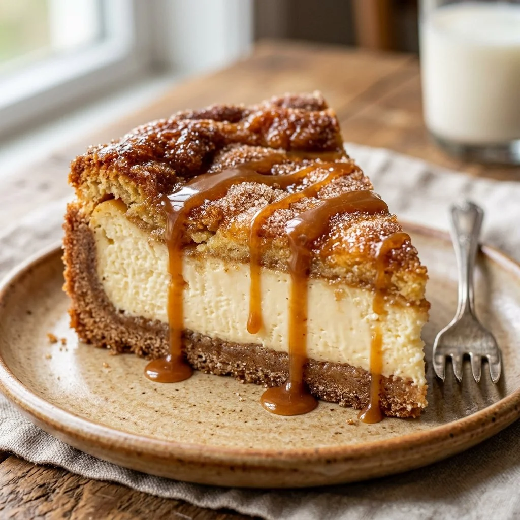 Slice of churro cheesecake topped with cinnamon sugar and whipped cream
