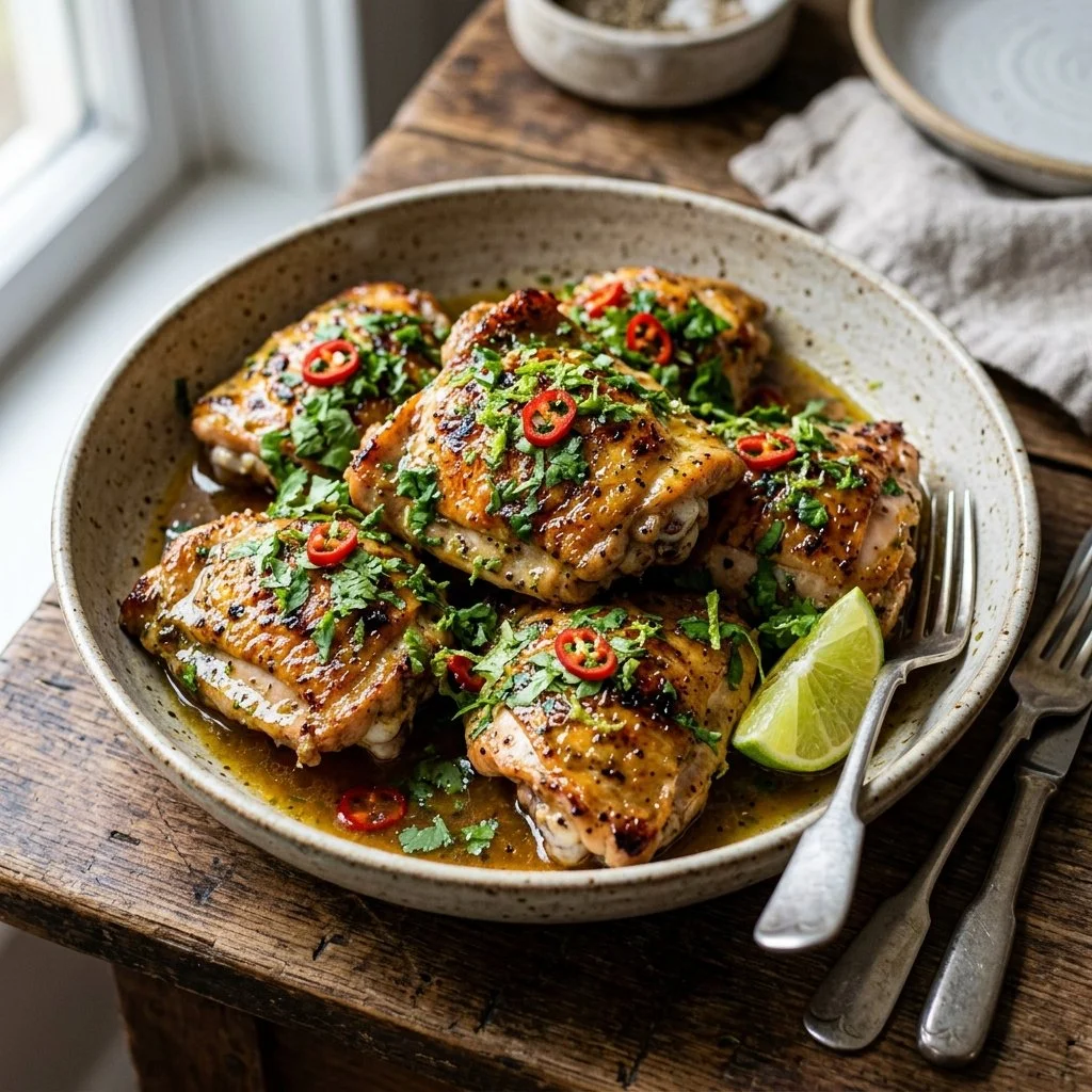Plate of Cilantro Lime Chicken garnished with lime and cilantro