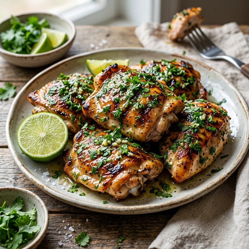 Delicious cilantro lime chicken served with a lime wedge and fresh cilantro garnish.
