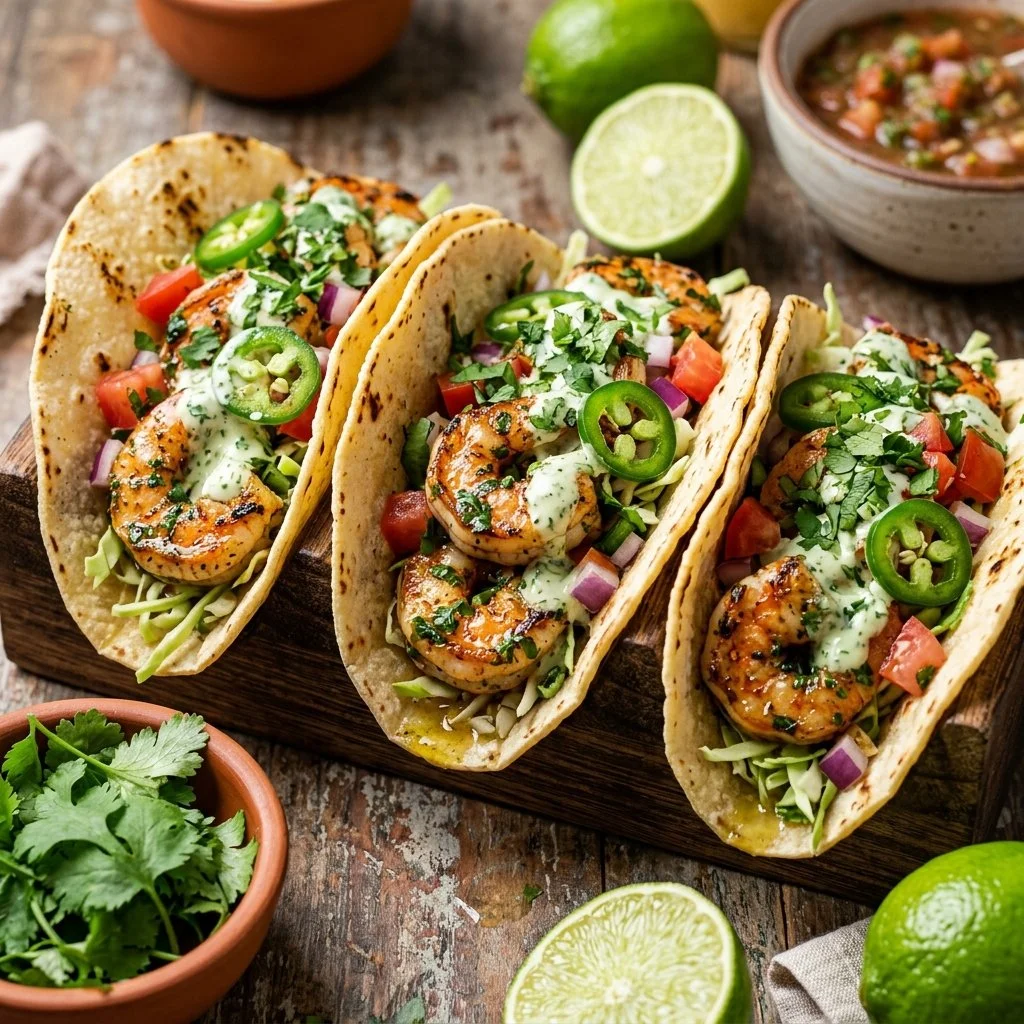 Cilantro lime shrimp tacos served on a plate with fresh ingredients.