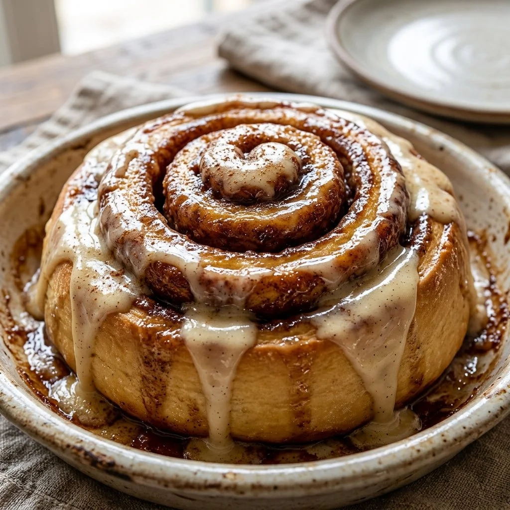 Freshly baked cinnamon rolls drizzled with icing on a wooden table