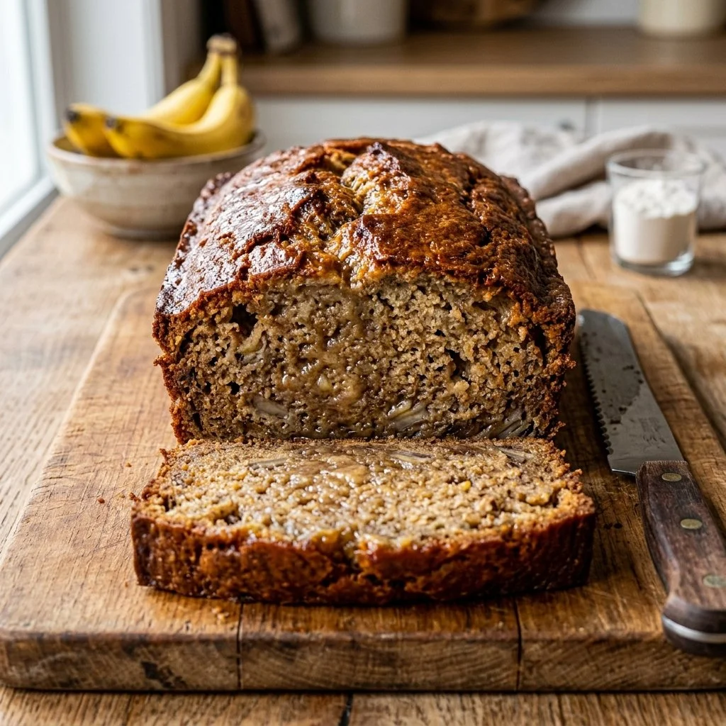 Loaf of classic banana bread with sliced bananas on a wooden table