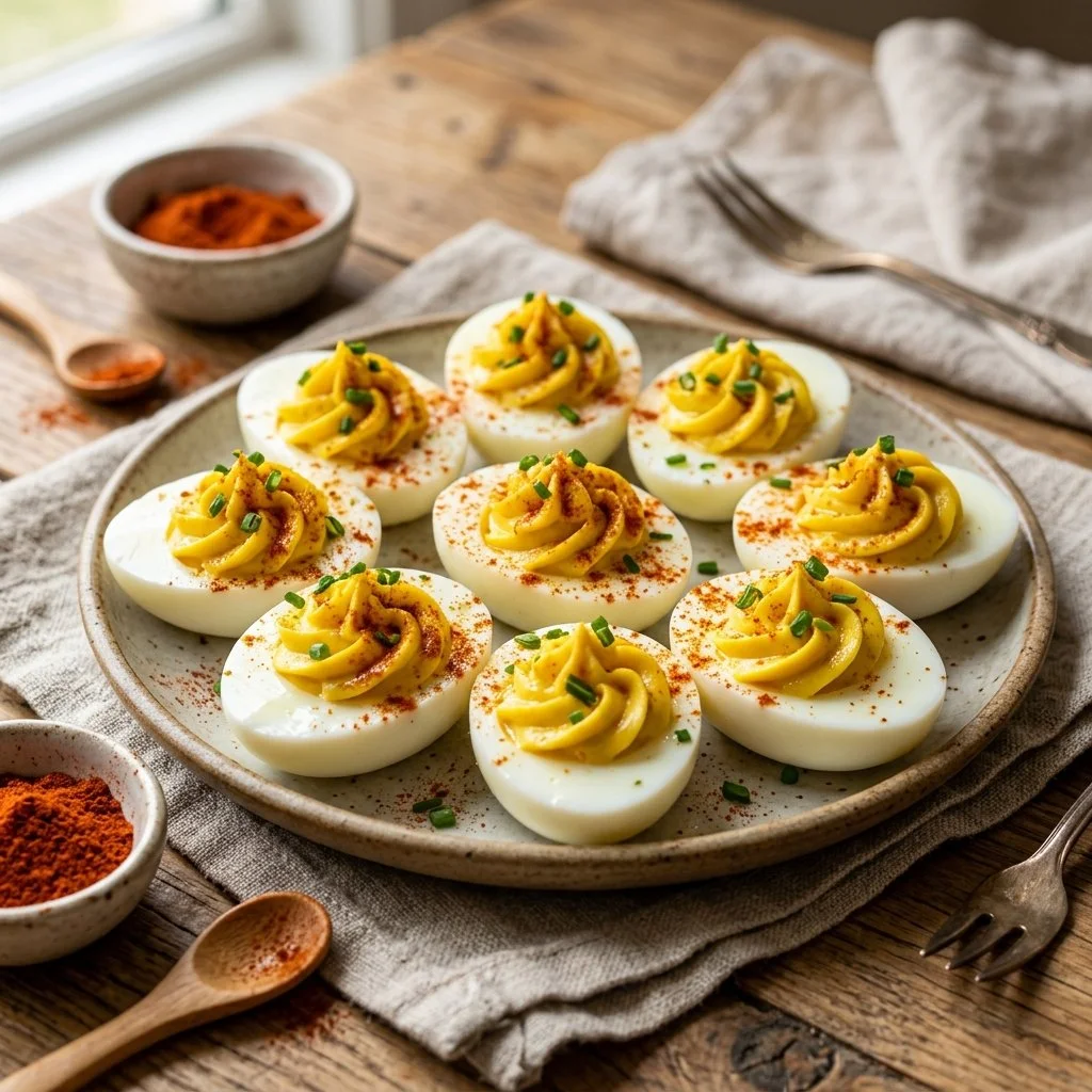 Plate of classic deviled eggs garnished with paprika