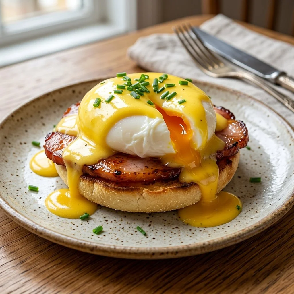 Delicious Classic Eggs Benedict served with poached eggs and hollandaise sauce