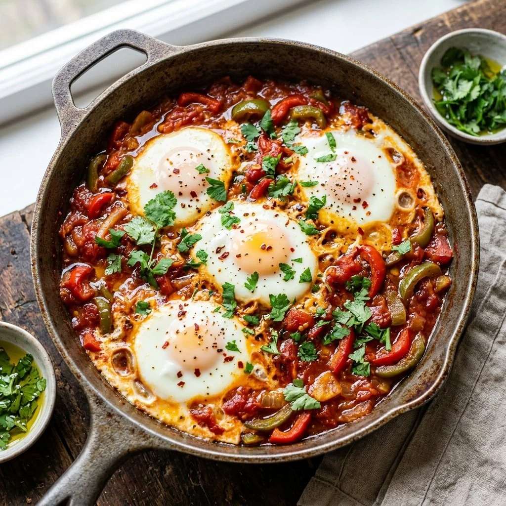 A vibrant classic shakshuka with poached eggs in spicy tomato sauce.