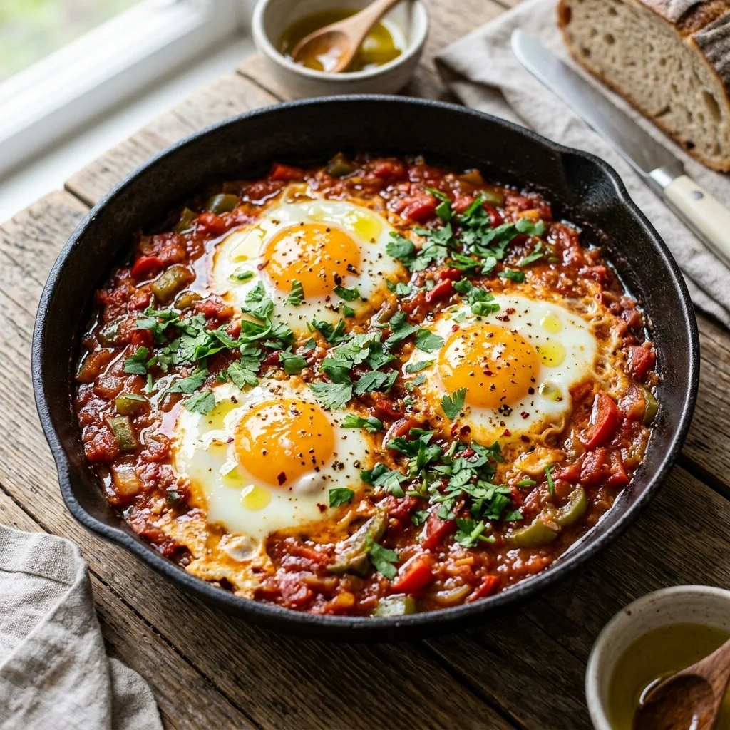 Delicious classic Shakshuka with poached eggs in spicy tomato sauce
