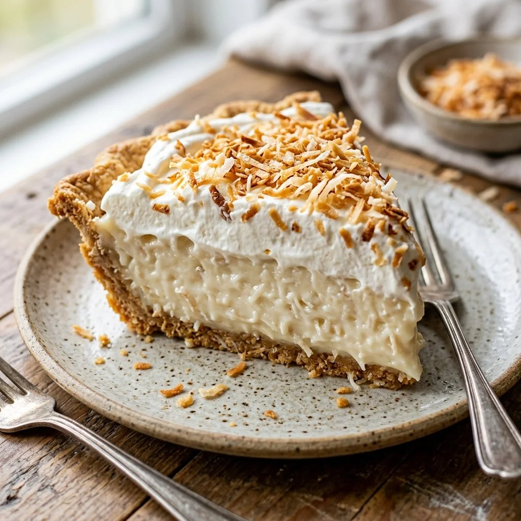 Homemade Coconut Cream Pie topped with whipped cream and toasted coconut.