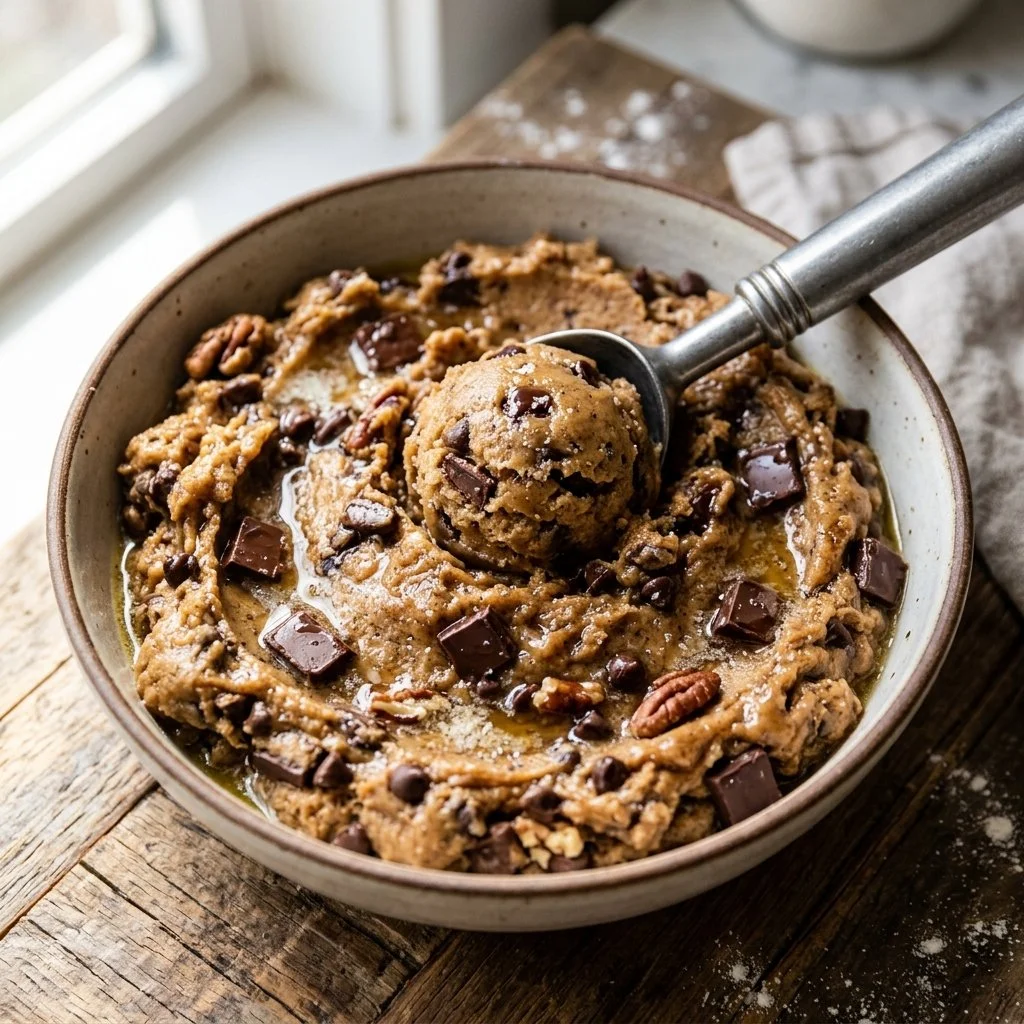 Homemade cookie dough in a bowl with chocolate chips and sprinkles