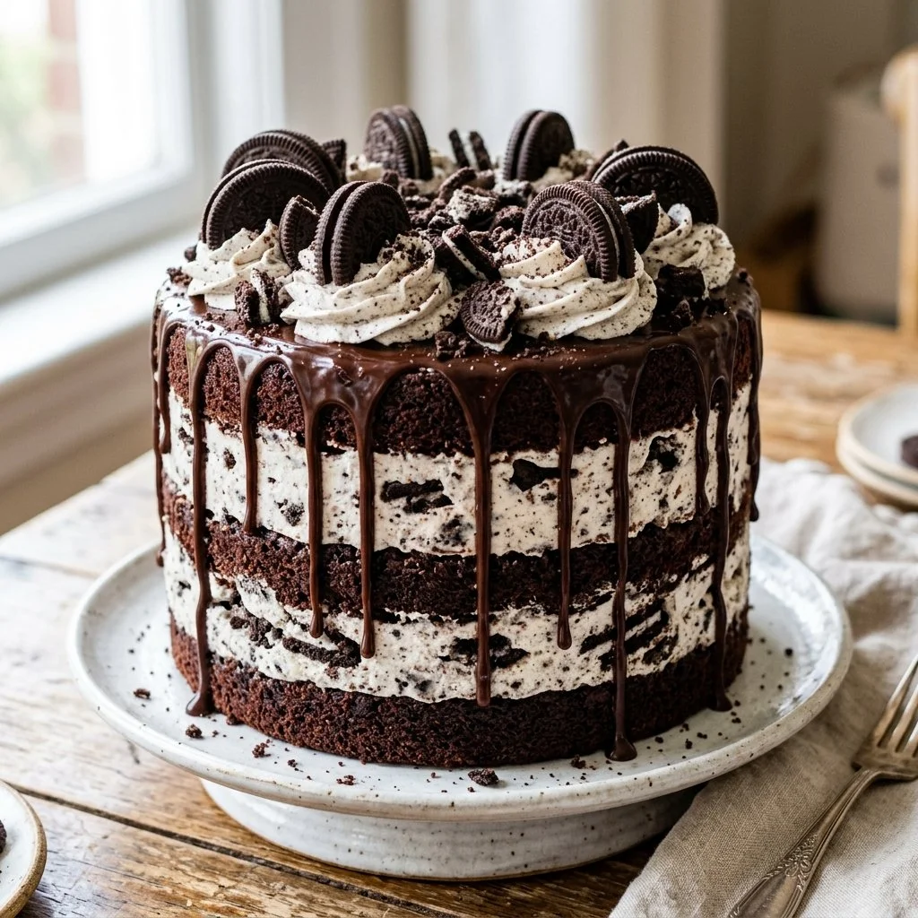 Delicious Cookies and Cream Cake topped with crushed cookies and chocolate drizzle