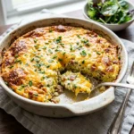 Delicious cottage cheese egg bake topped with fresh herbs and vegetables