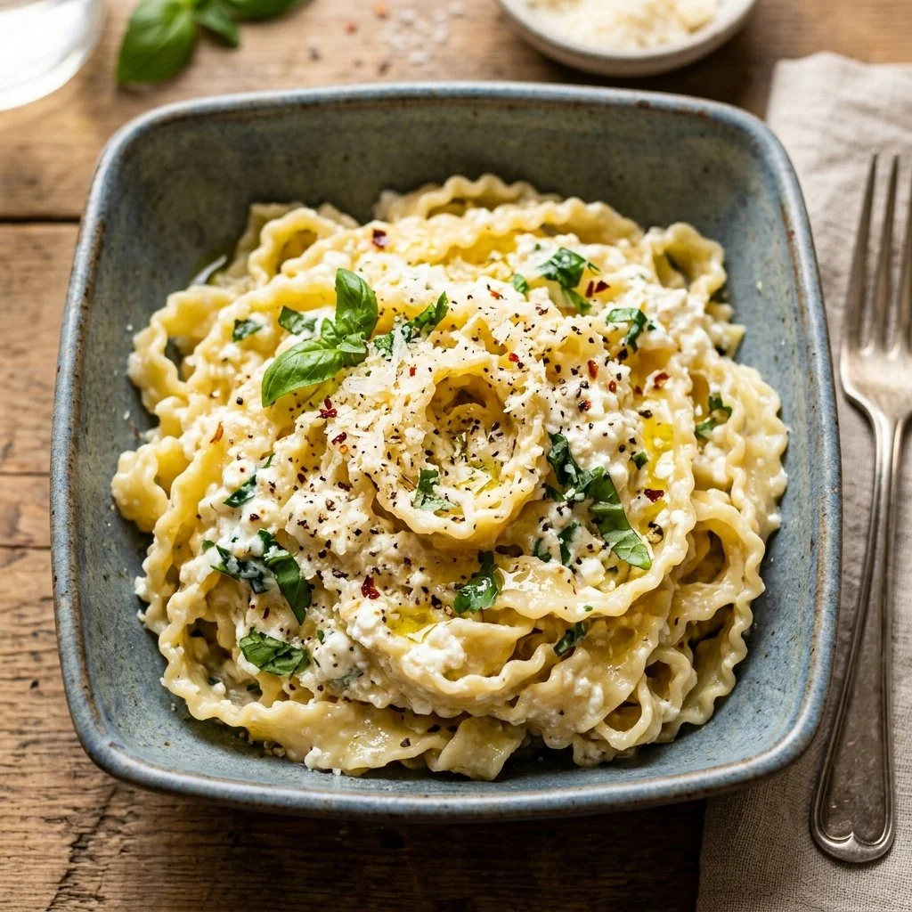 Creamy cottage cheese pasta dish garnished with fresh herbs and vegetables