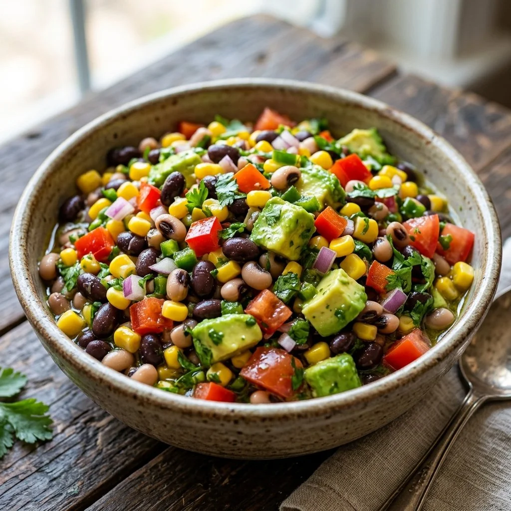 Bowl of Cowboy Caviar with colorful beans, veggies, and dressing