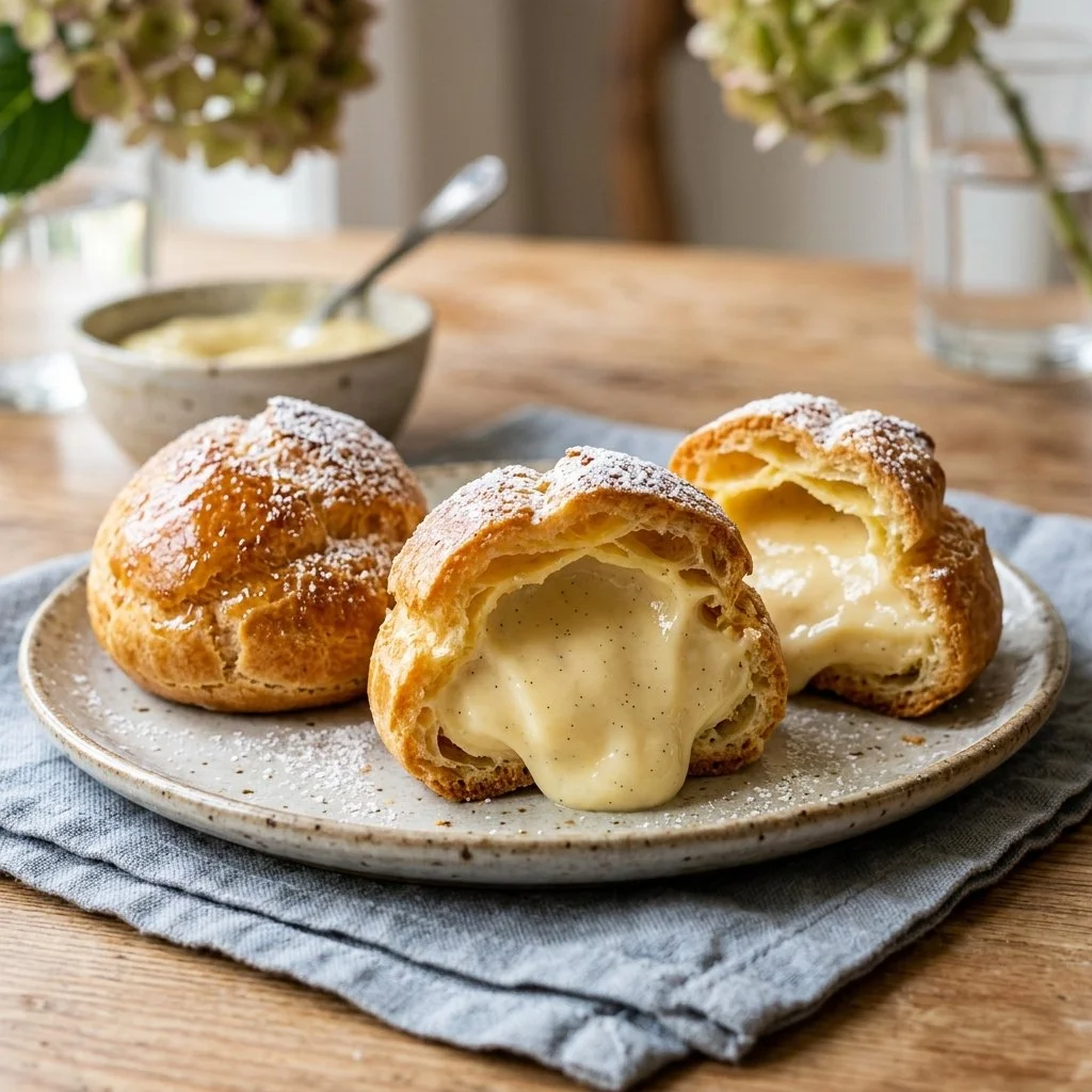 Delicious cream puffs filled with rich cream, perfect for dessert lovers.