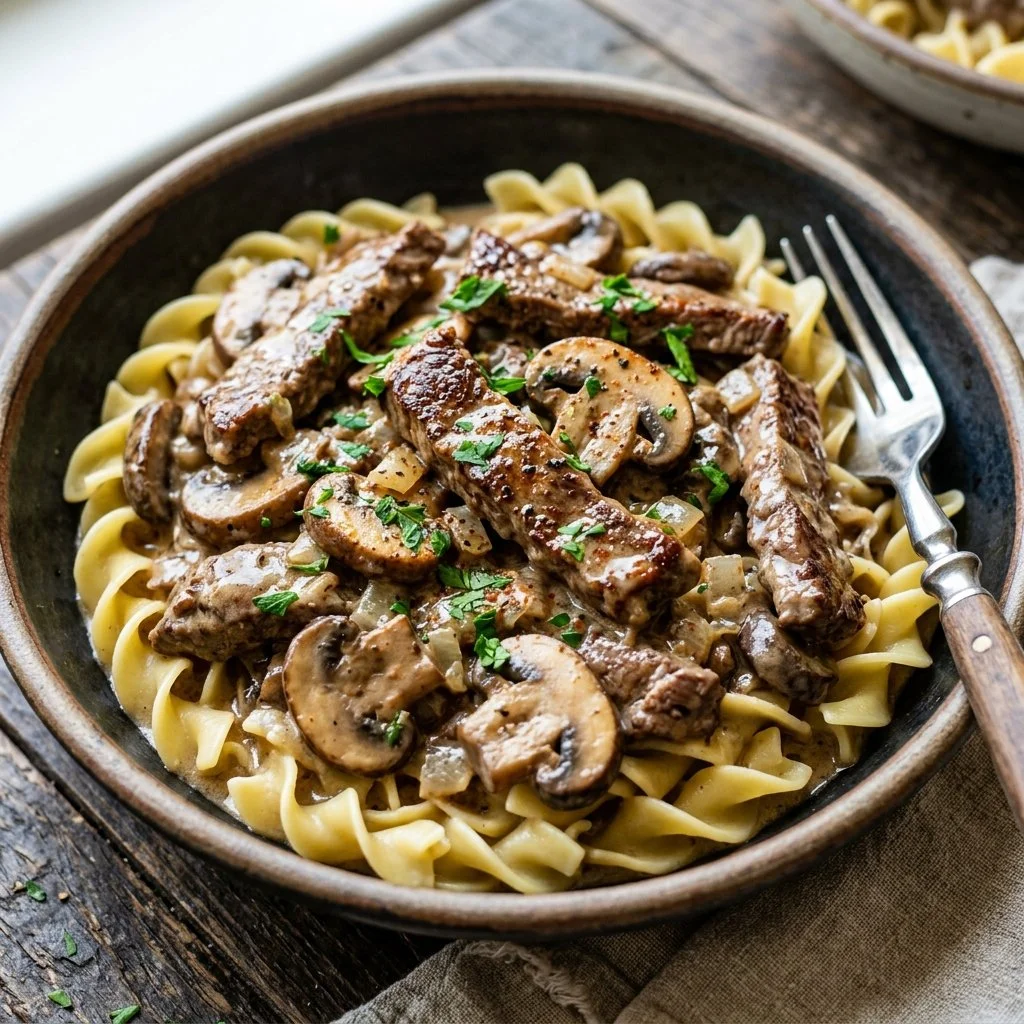 Delicious creamy beef stroganoff served over egg noodles with parsley garnish.