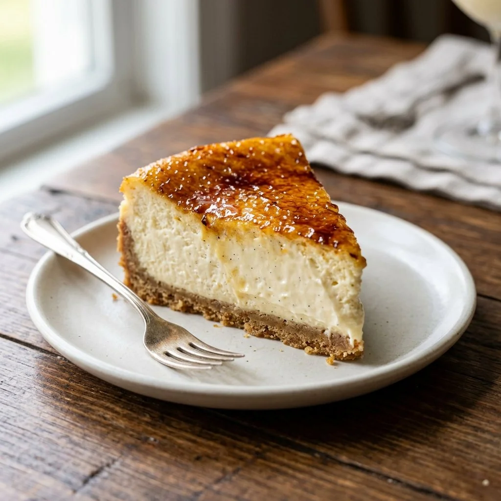 Delicious creme brulee cheesecake with a caramelized top layer