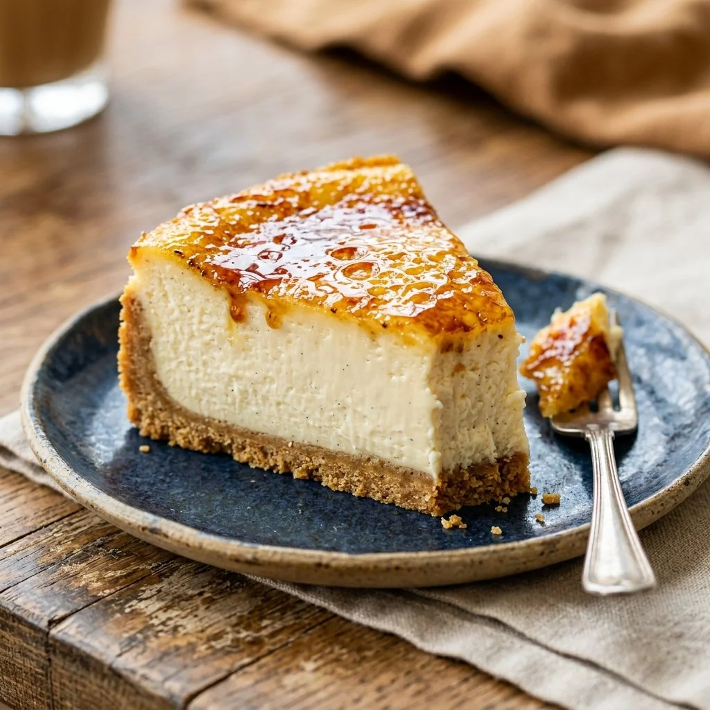 Delicious creme brulee cheesecake with caramelized sugar topping