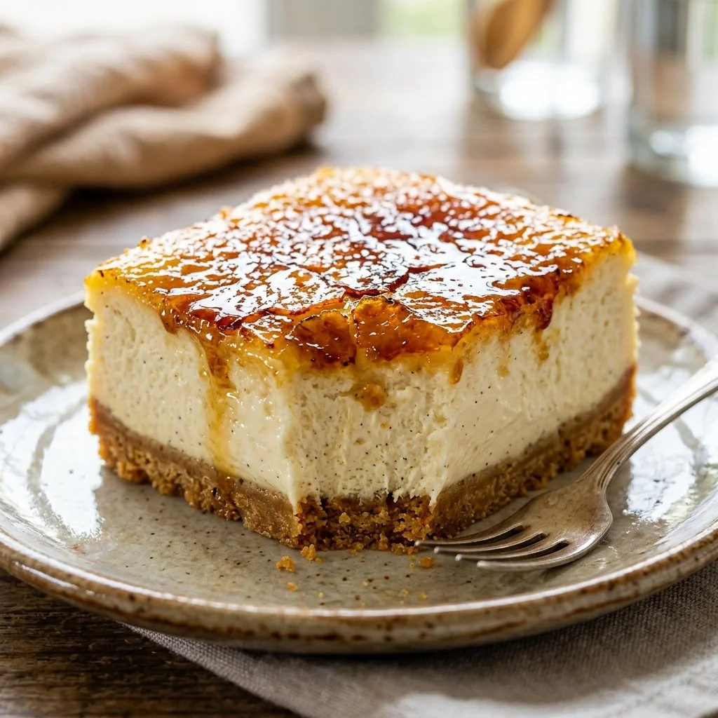 Delicious Crème Brûlée Cheesecake with a caramelized sugar top