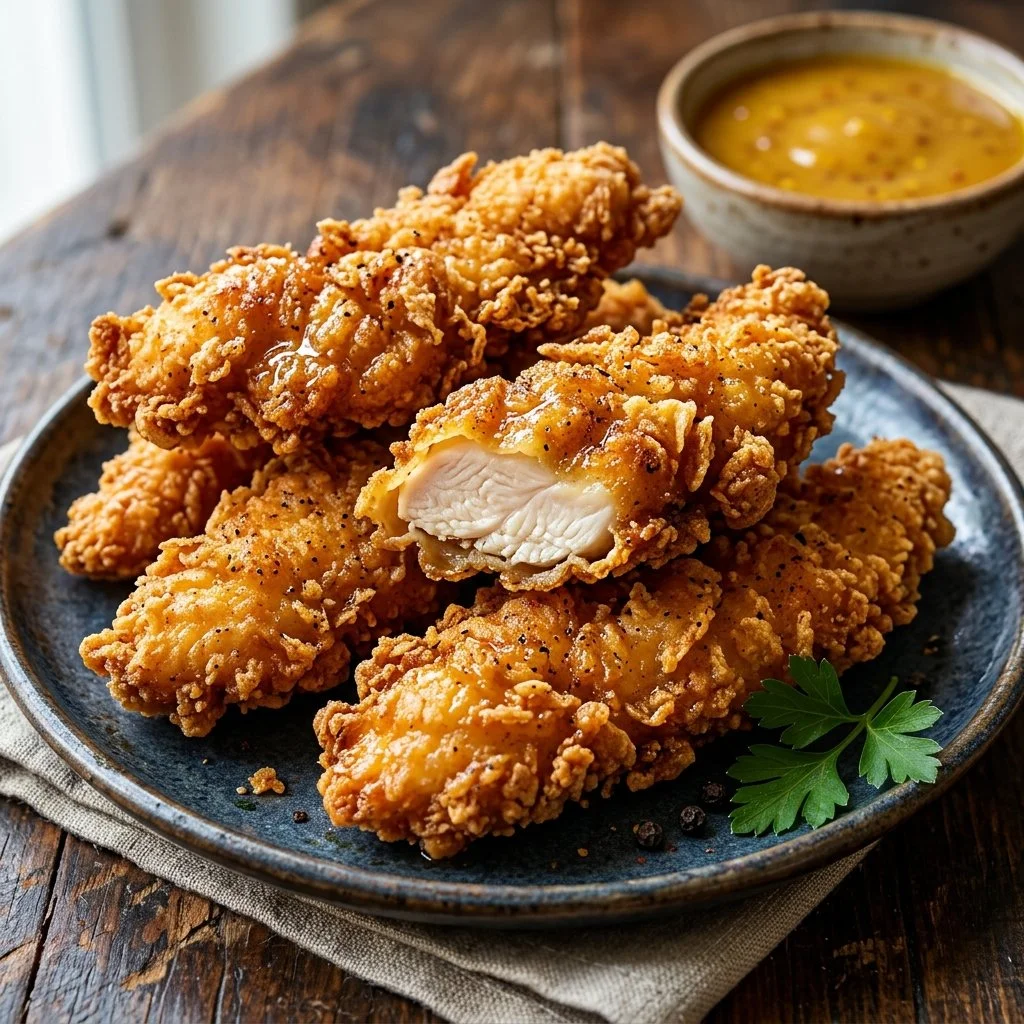 Crispy chicken tenders served on a plate with dipping sauce