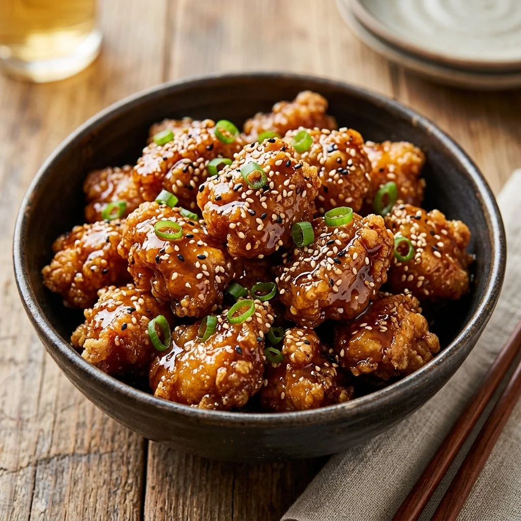 Crispy honey sesame chicken served on a plate with sesame seeds on top