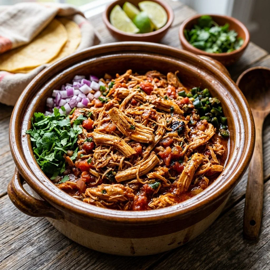 Delicious crockpot chicken tacos topped with fresh ingredients