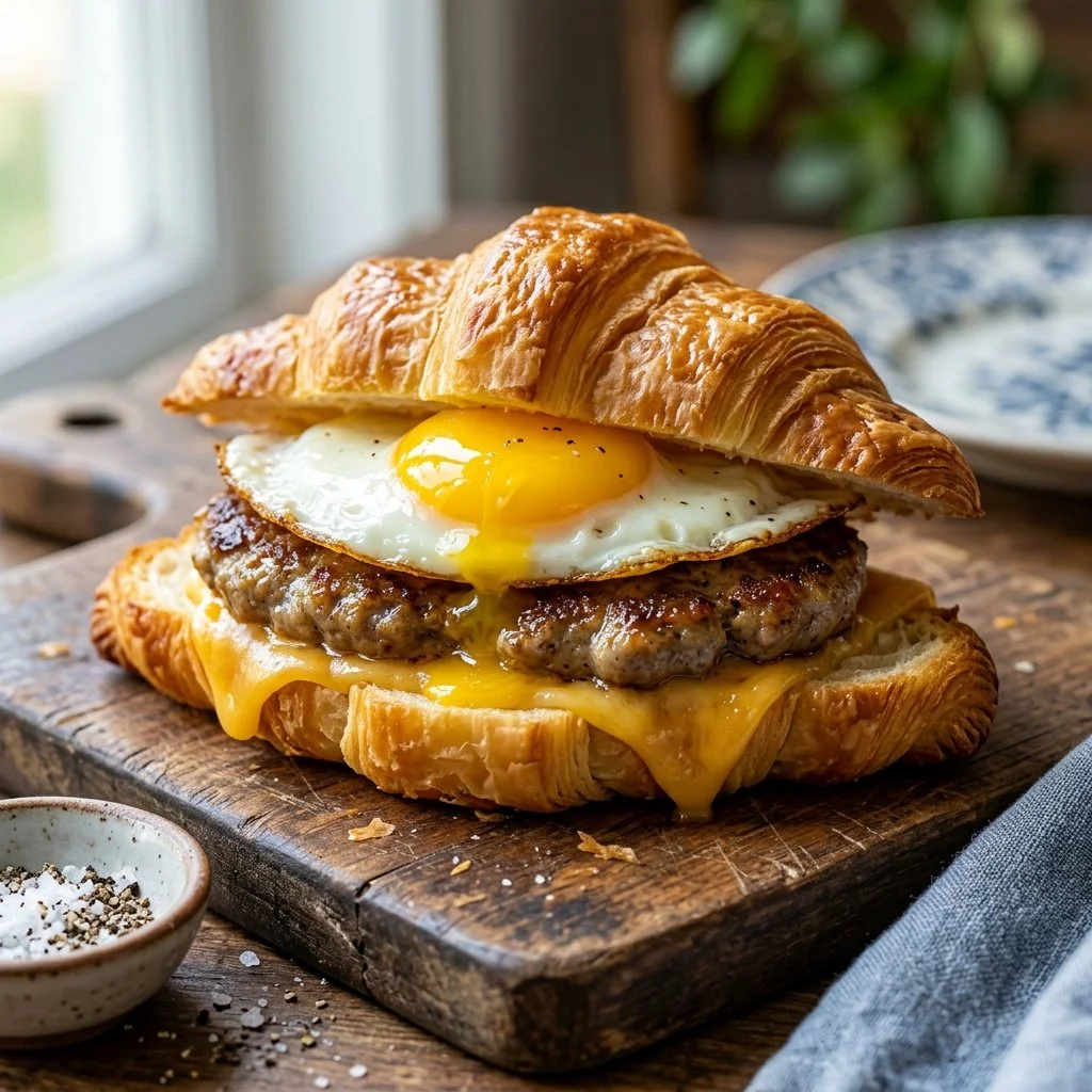 Delicious croissant breakfast sandwich with eggs and cheese