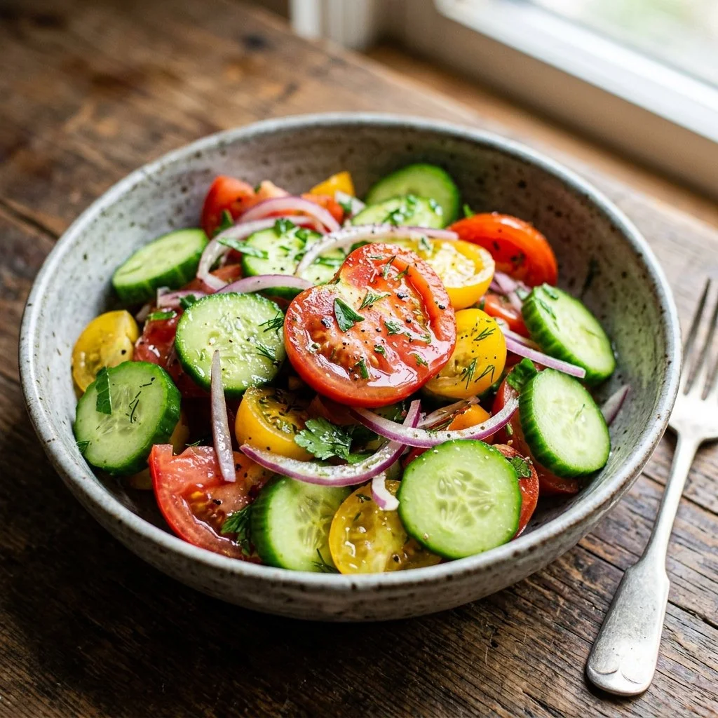 Fresh Cucumber Tomato Salad with vibrant vegetables and dressing