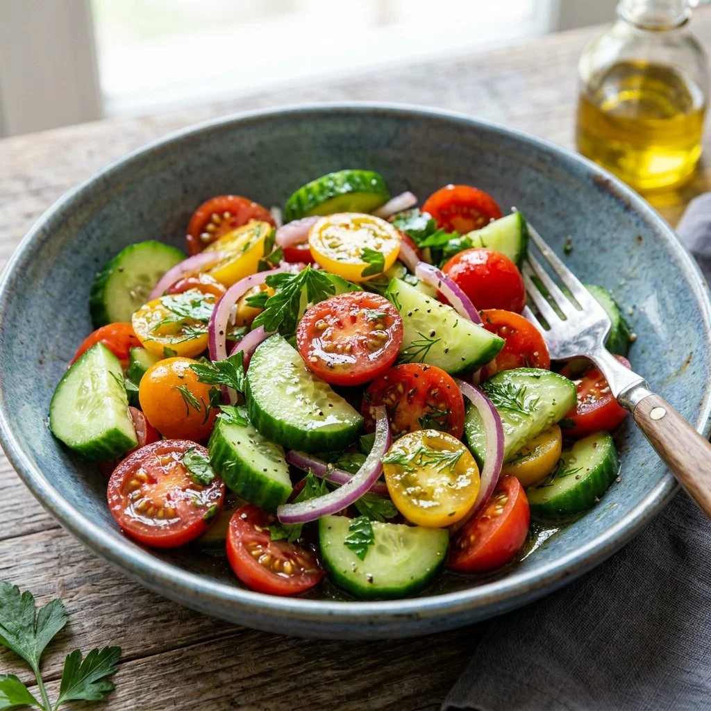 Fresh Cucumber Tomato Salad with colorful ingredients in a bowl