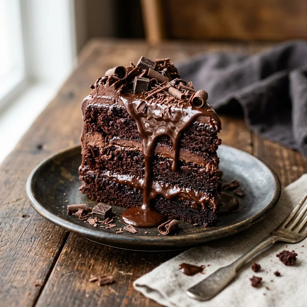 Decadent Death By Chocolate dessert topped with chocolate ganache