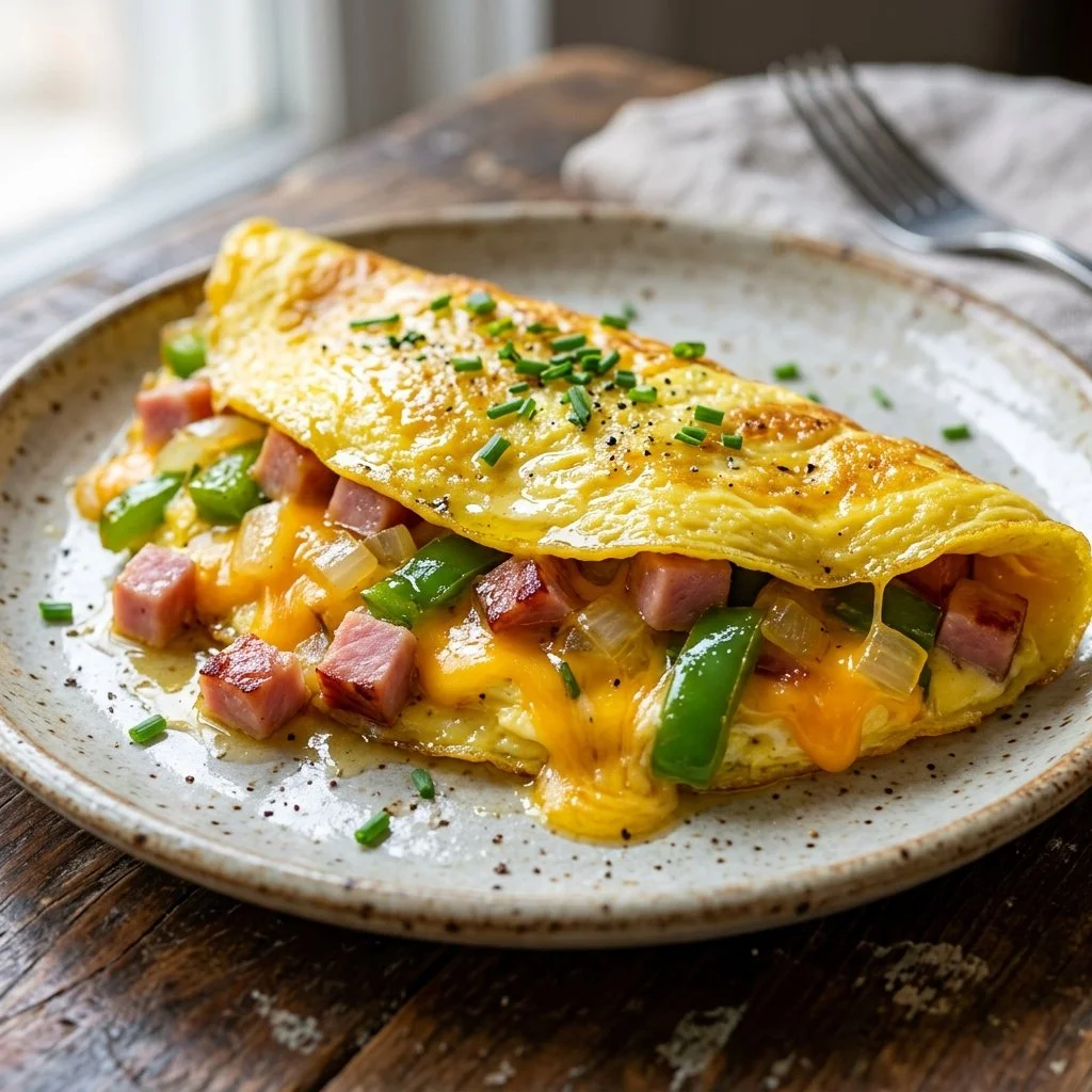 Denver Omelet with eggs, peppers, onions, and cheese on a plate