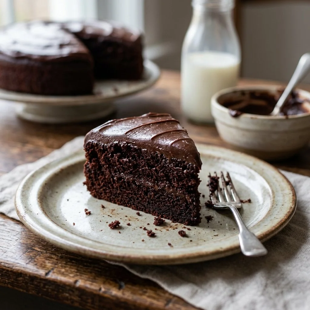 A decadent slice of Devil's Food Cake topped with rich chocolate frosting.