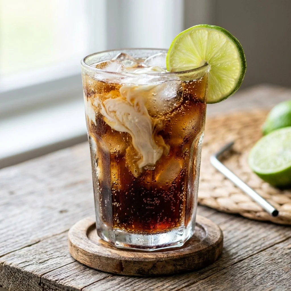 A refreshing glass of dirty soda with vibrant colors and ice.